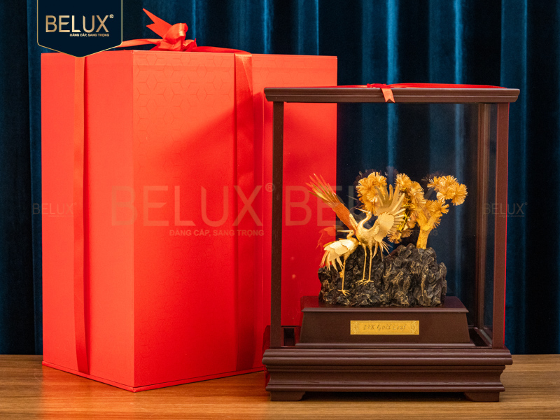 Tượng Tùng Hạc dát vàng 24k cao 36cm mẫu 2